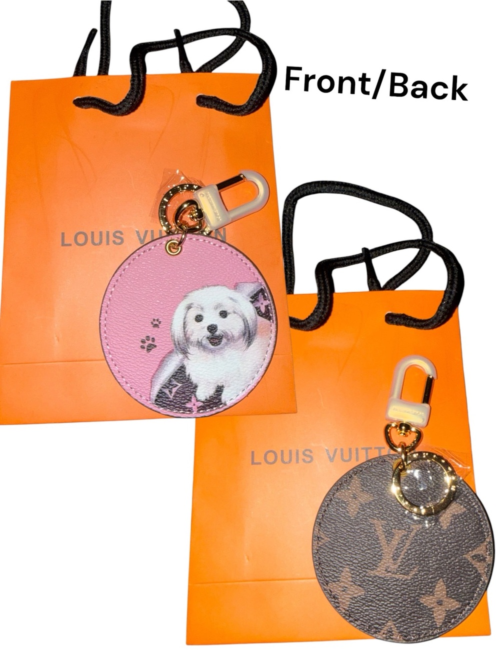 Fashion LV Pink & Brown Round Dog-Print Bag Charm Keyring